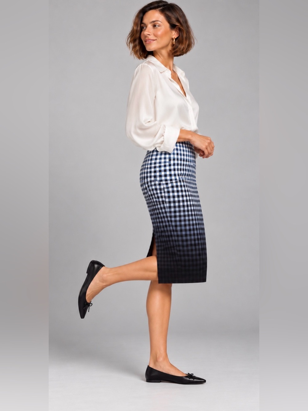 Bailey 44 Silk Astley Dip Dye Ombré Black, Navy & White Check Pencil Skirt - 8